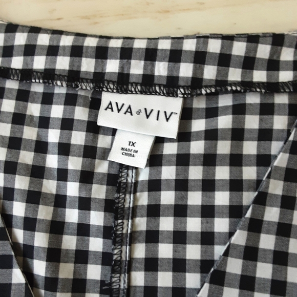 PLUS SZ XL AVA & VIV Black White Gingham V-Neck Bow Flutter Long Sleeve Blouse - Picture 6 of 7